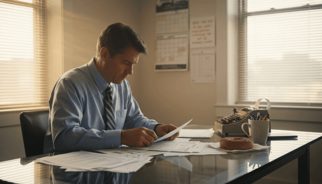 Financial advisor reviewing IRS paperwork in office