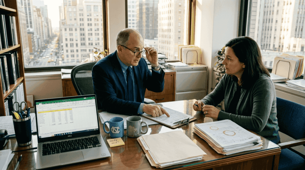 Tax professional consulting client with paperwork