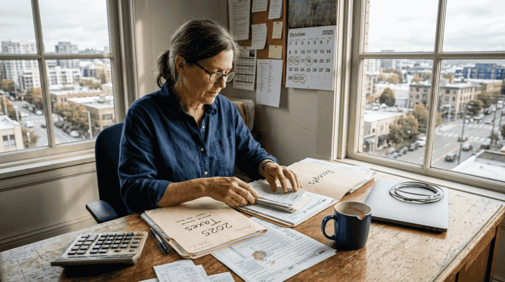 Business owner organizes tax documents at desk