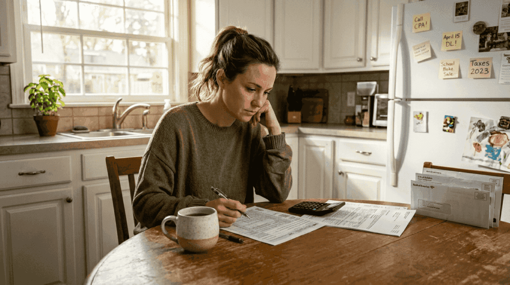 Woman reviewing tax documents at kitchen table