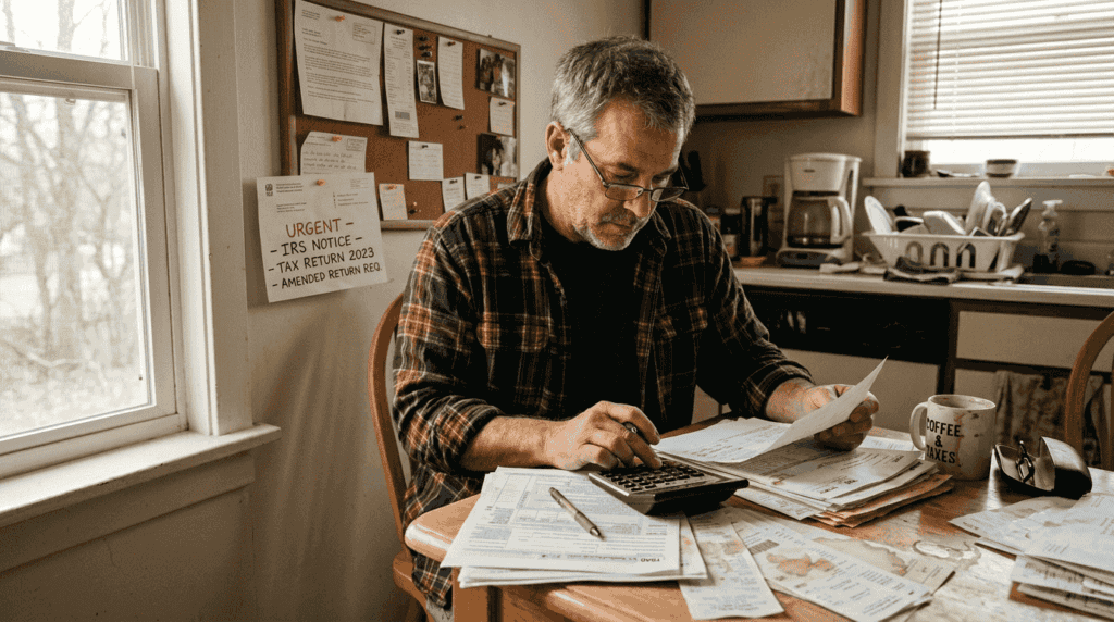 Man reviewing taxes at cluttered kitchen table
