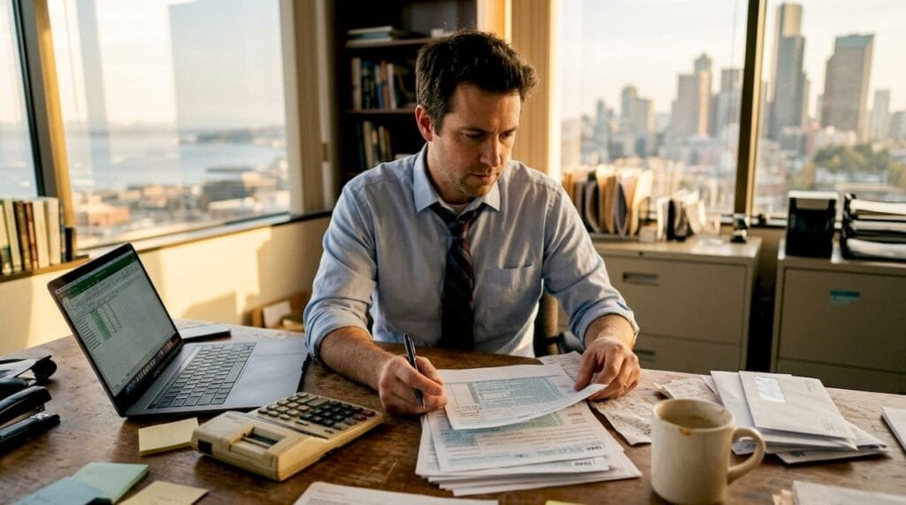 Small business owner sorting tax paperwork at desk