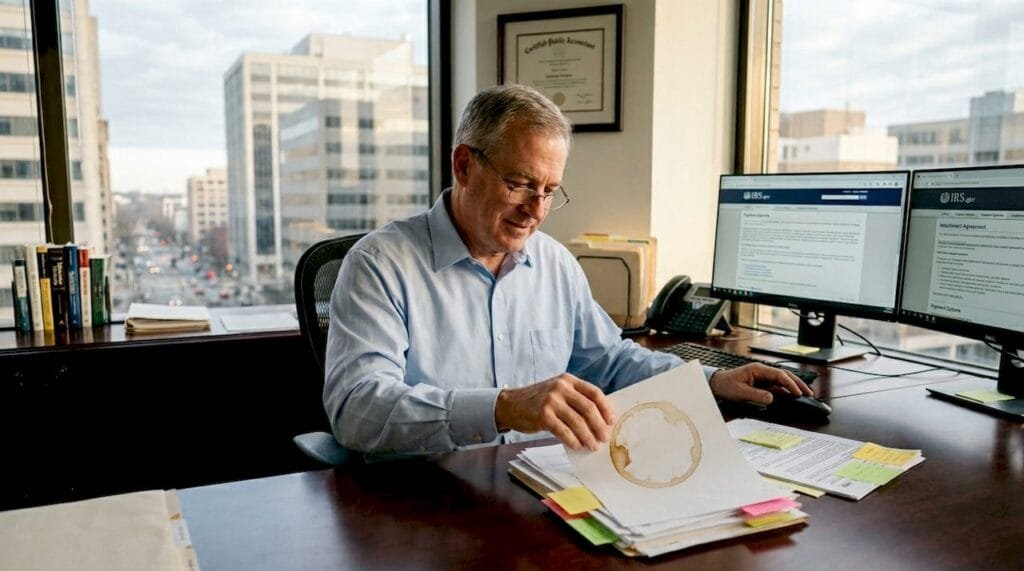 Tax advisor reviewing IRS installment paperwork