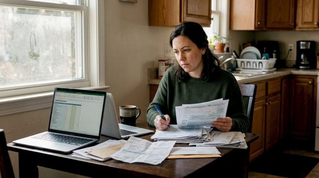Woman reviewing tax paperwork at kitchen table