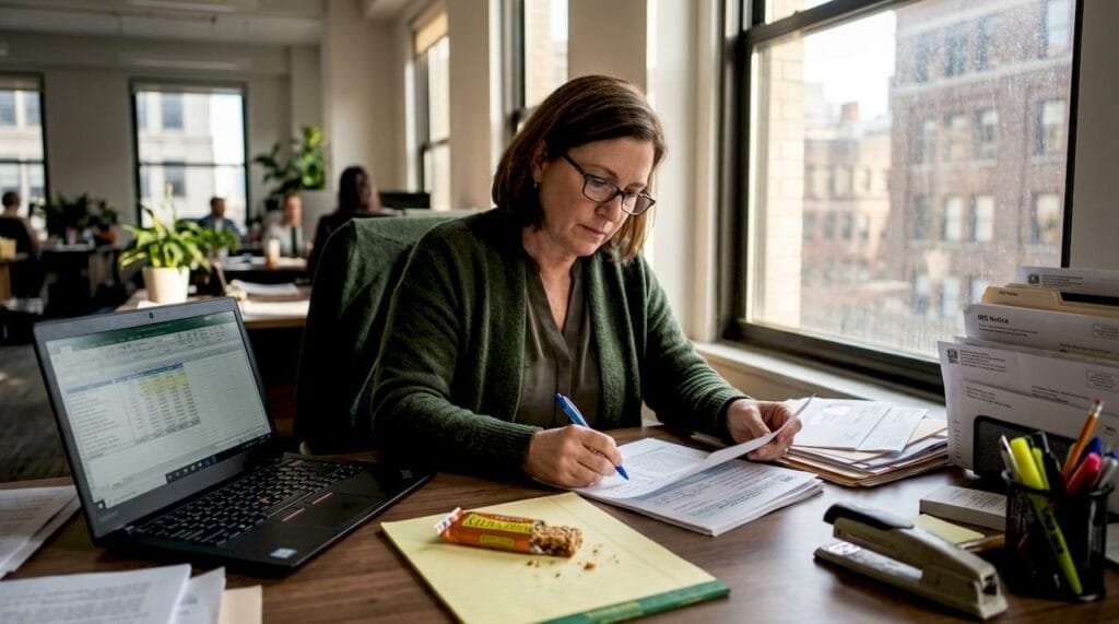 Tax advisor reviews paperwork in office