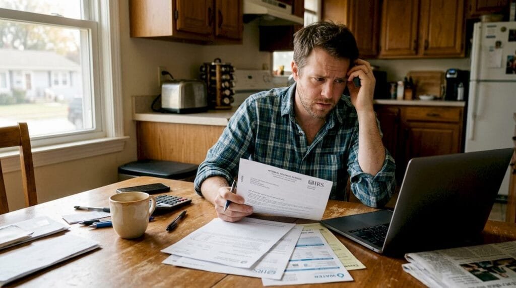 Man reviewing IRS garnishment notice at kitchen table