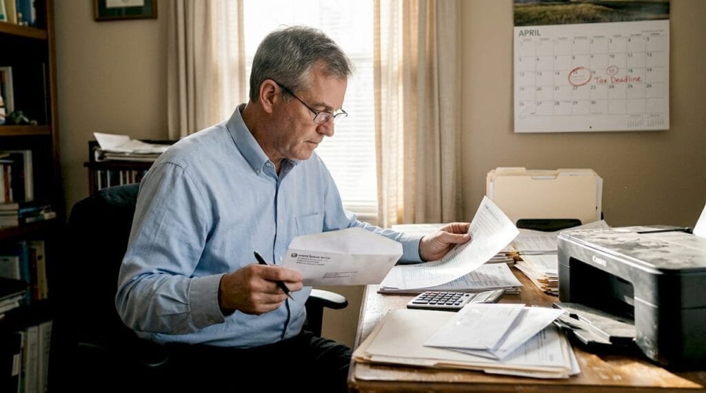 Man reviewing IRS audit documents in home office