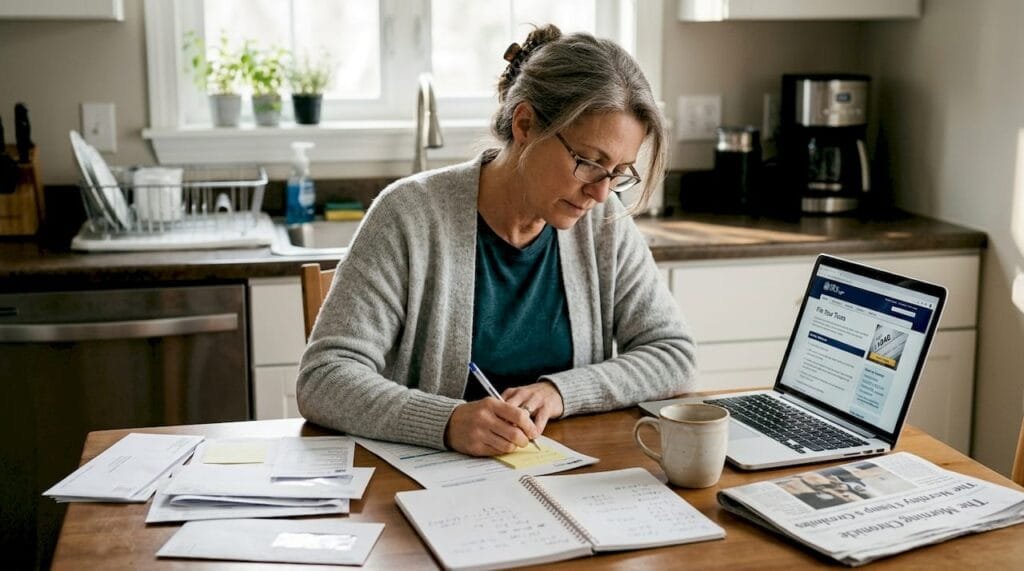 Woman reviewing IRS payment plan documents at table