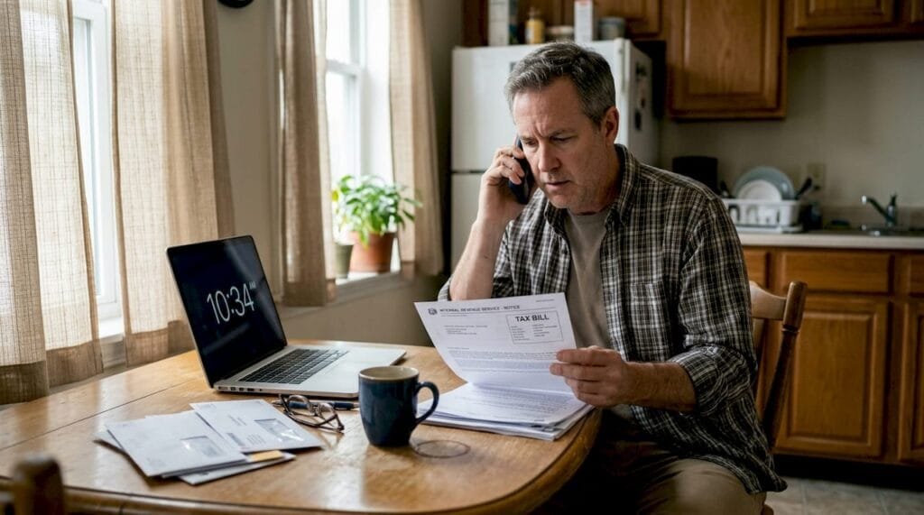 Man calling IRS about payment plan at kitchen table