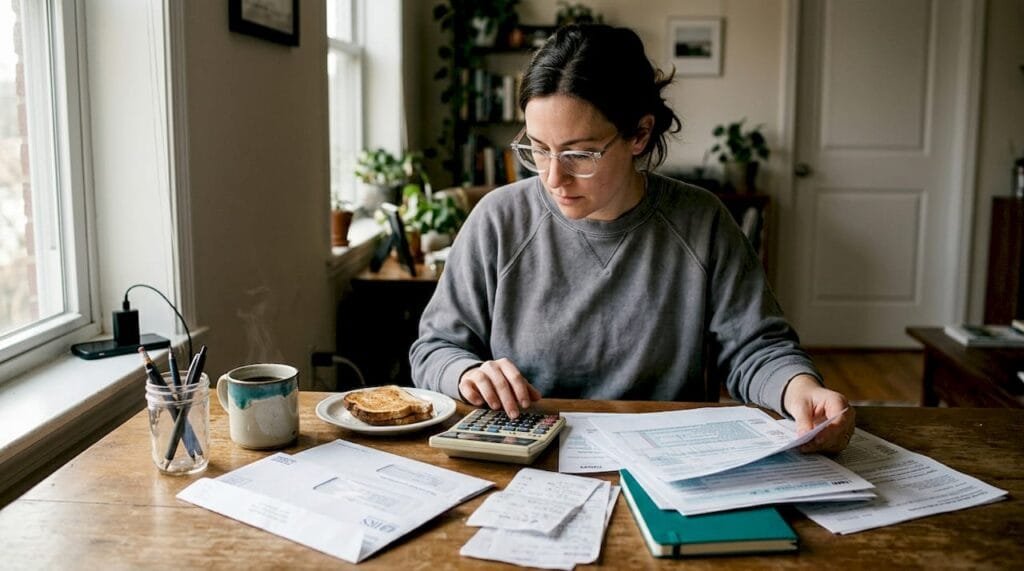 Woman doing back taxes paperwork at home