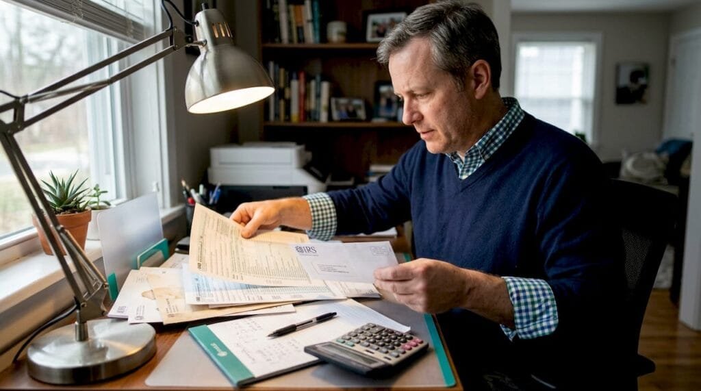 Man reviews IRS documents at cluttered desk