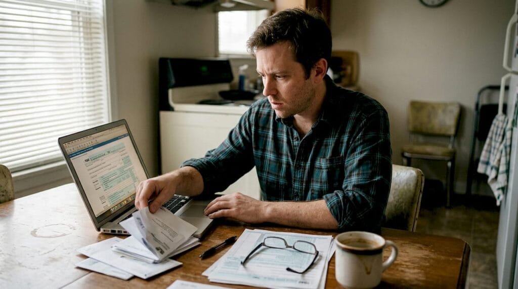 Man sorting tax paperwork at kitchen table