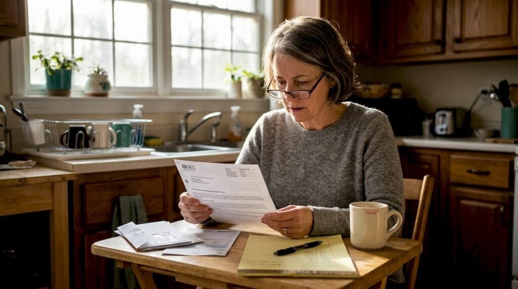 Woman reading IRS notice at kitchen table