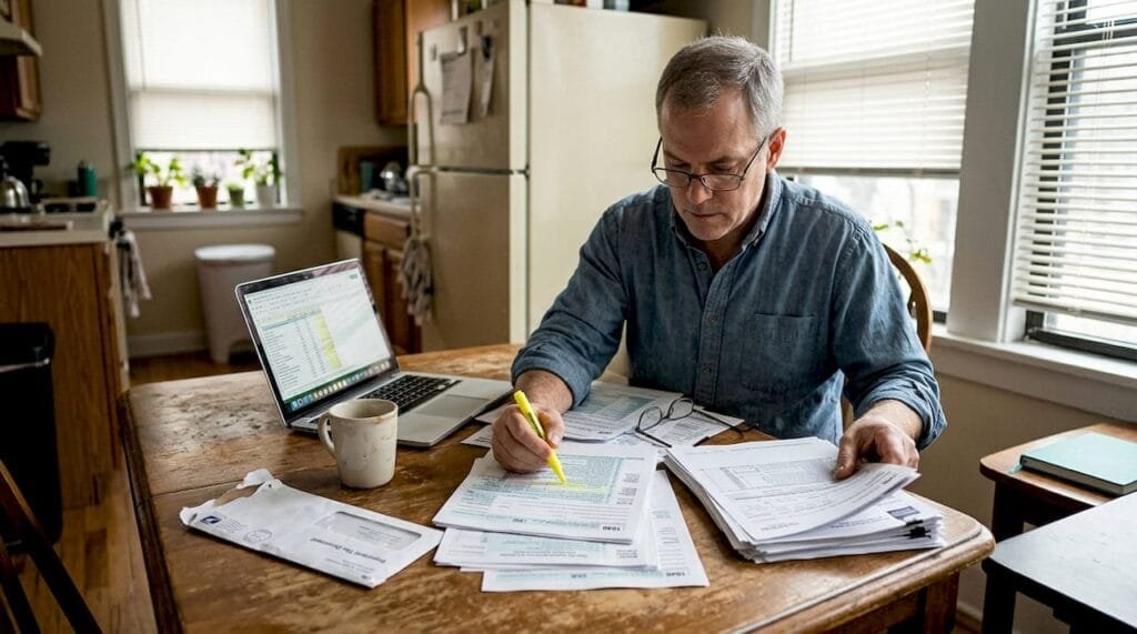 Man organizing tax documents at kitchen table