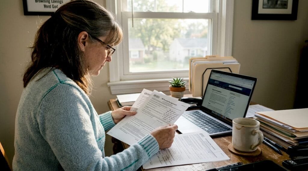 Woman reviewing IRS documents in home office