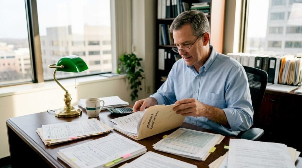 Tax advisor reviewing IRS audit paperwork