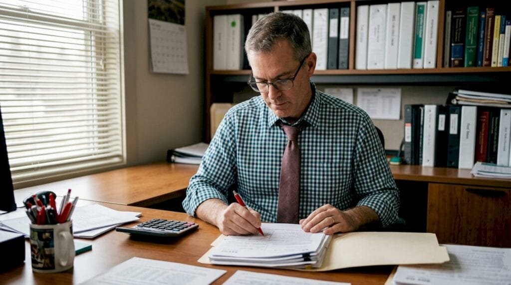Accountant reviewing IRS audit paperwork in office