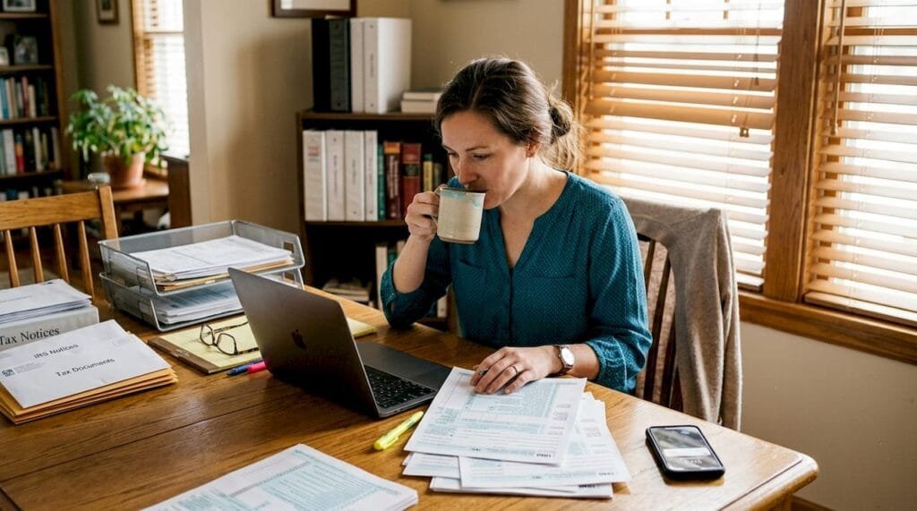 CPA cross-checking tax documents at home office