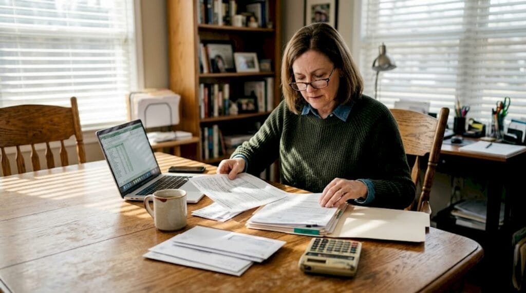 Woman sorting tax paperwork at home desk