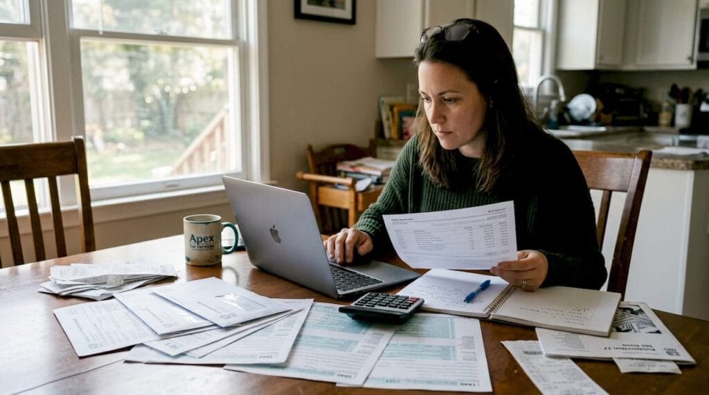 Woman reviewing tax documents at home table