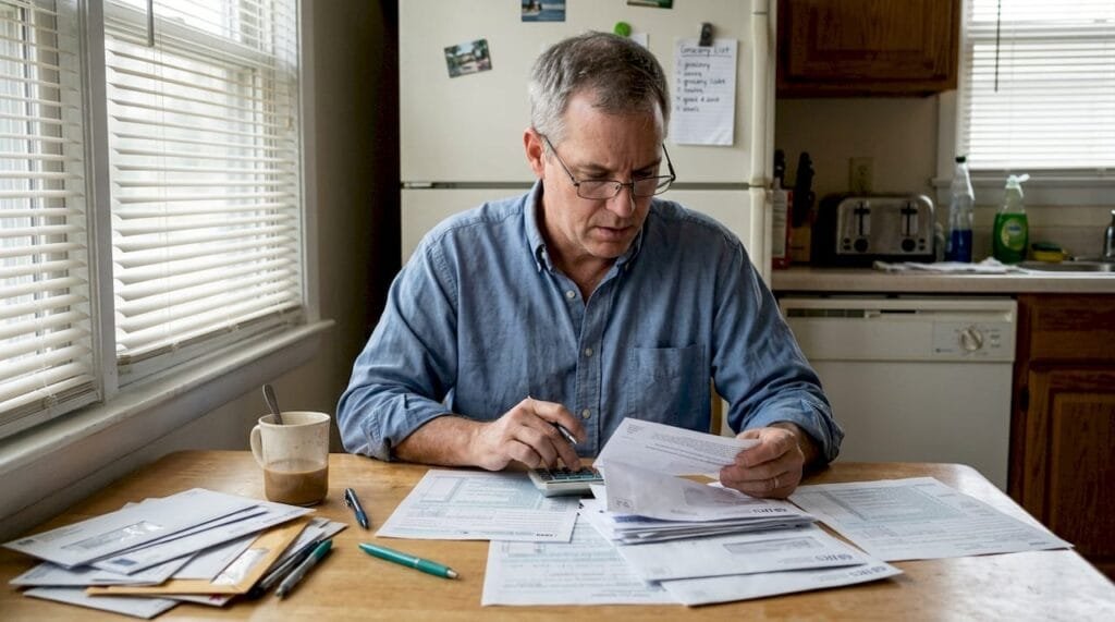 Man organizing tax papers at kitchen table