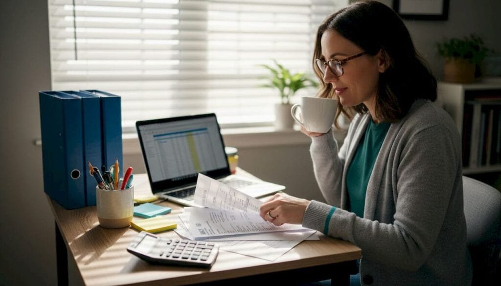 Woman reviewing IRS tax documents at desk