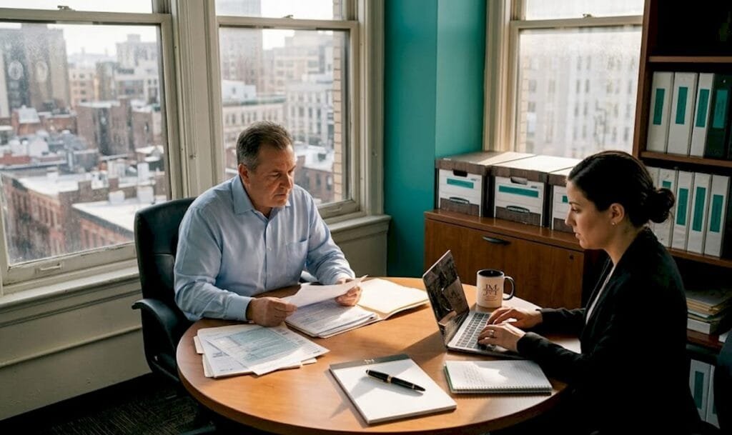 Tax attorney consulting client in sunny office