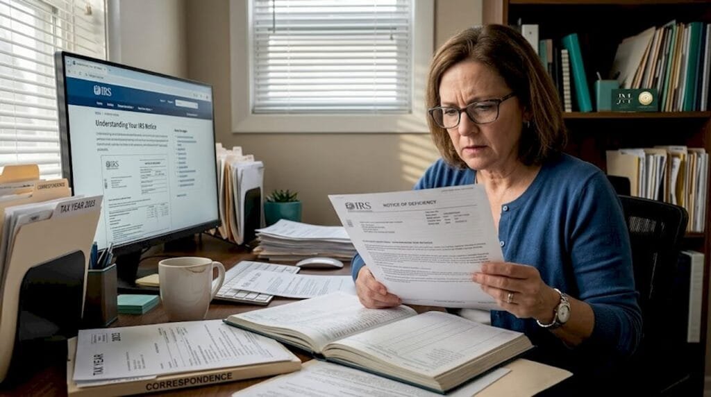 Home office scene reading IRS notice