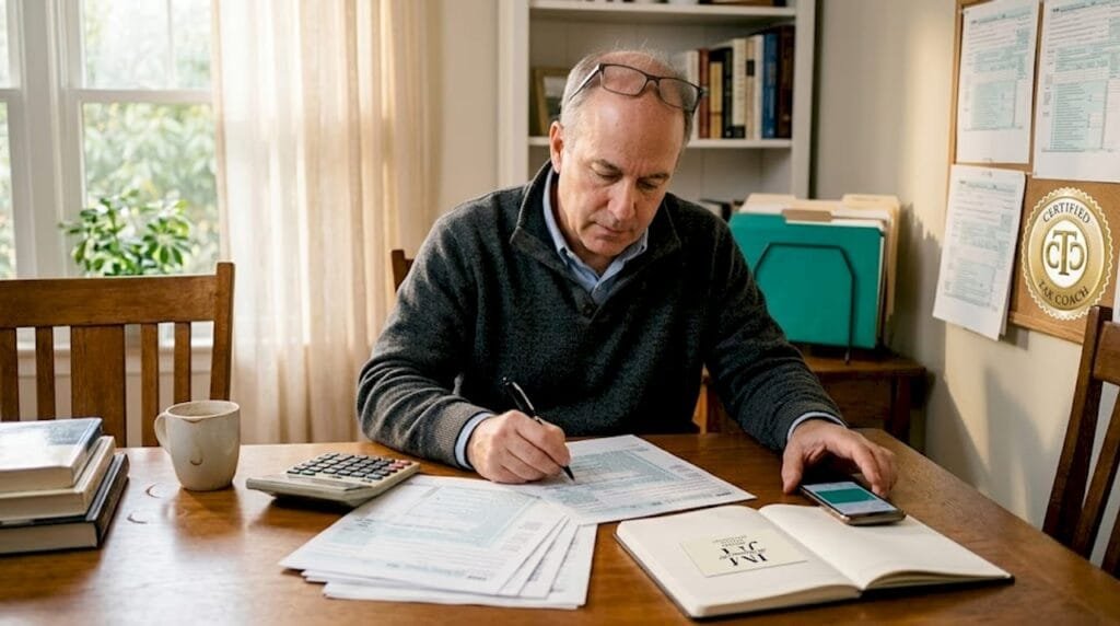 Tax advisor filling forms at home table