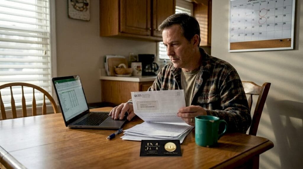 Middle-aged man handling IRS letters at kitchen table