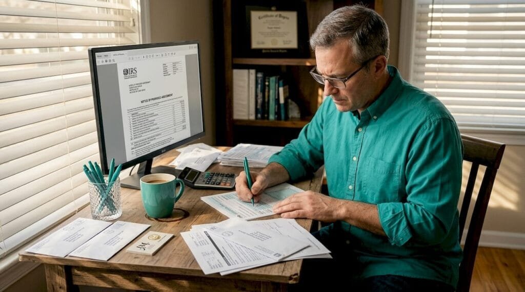 Man reviewing IRS tax documents at home desk