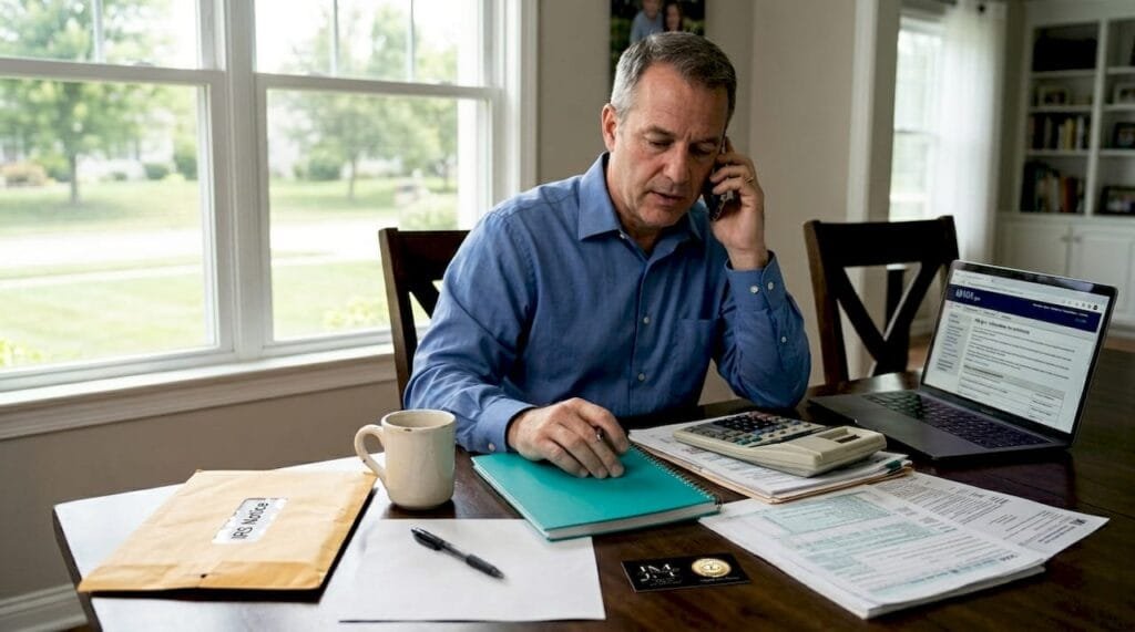 Man reviewing tax documents at home table