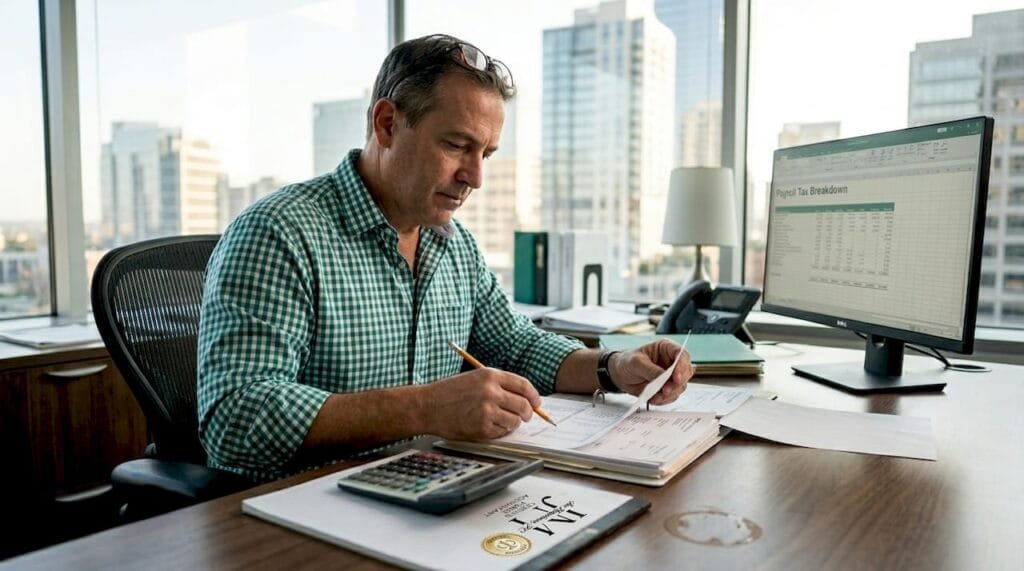 Business owner reviews payroll tax paperwork