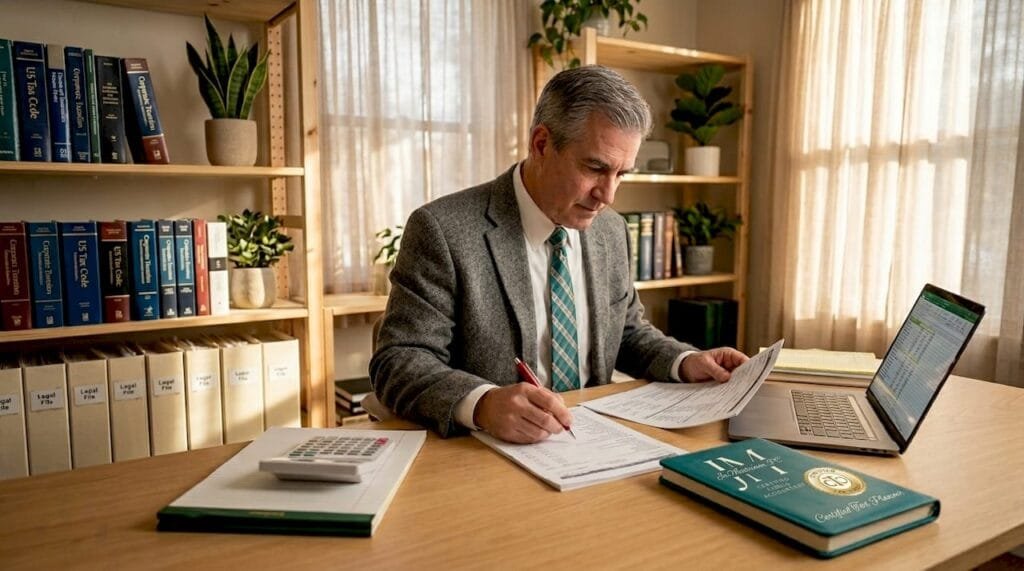 Tax professional reviewing audit paperwork in office