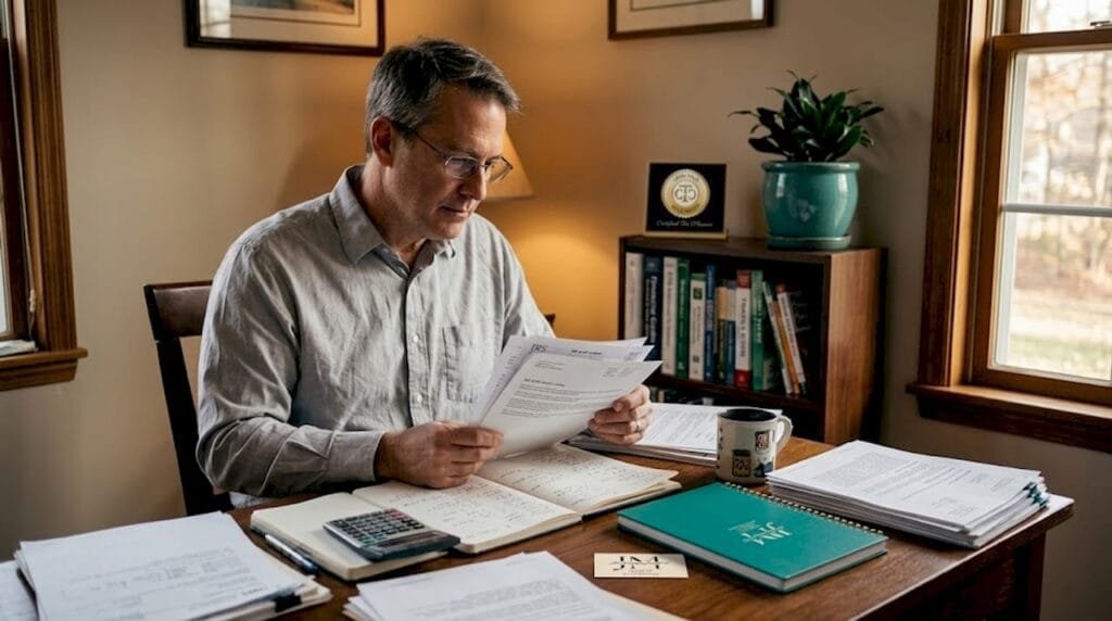 Man reviewing IRS audit paperwork at desk