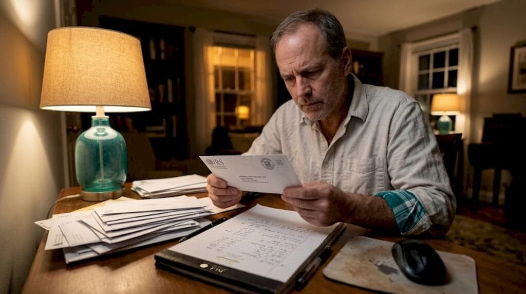 Man reading IRS notice at home office desk