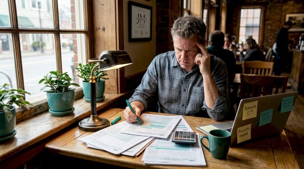 Man reviewing IRS forms at cluttered home table