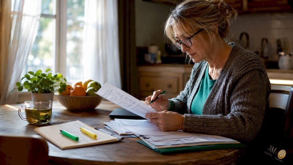 Woman reviewing tax forms at home desk