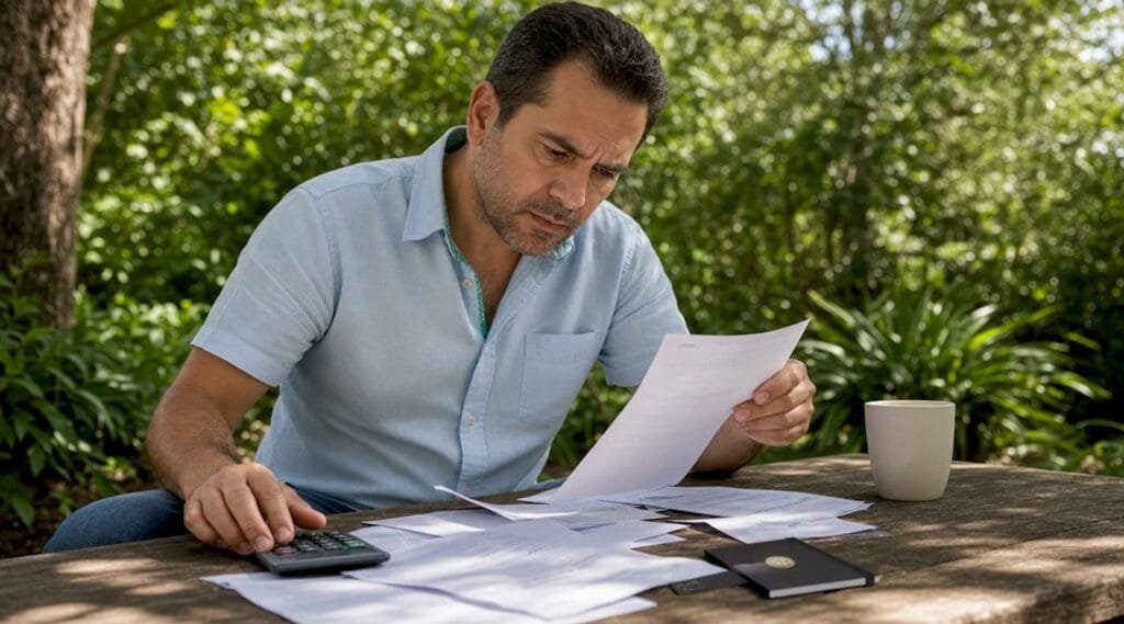 Man reviewing overdue tax documents at home desk