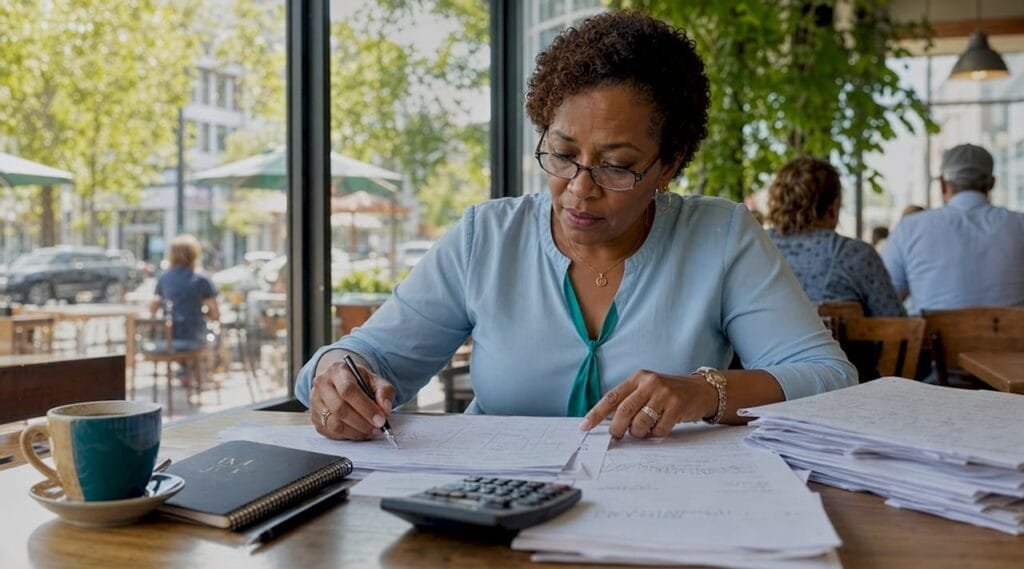 Accountant reviewing IRS audit papers at desk