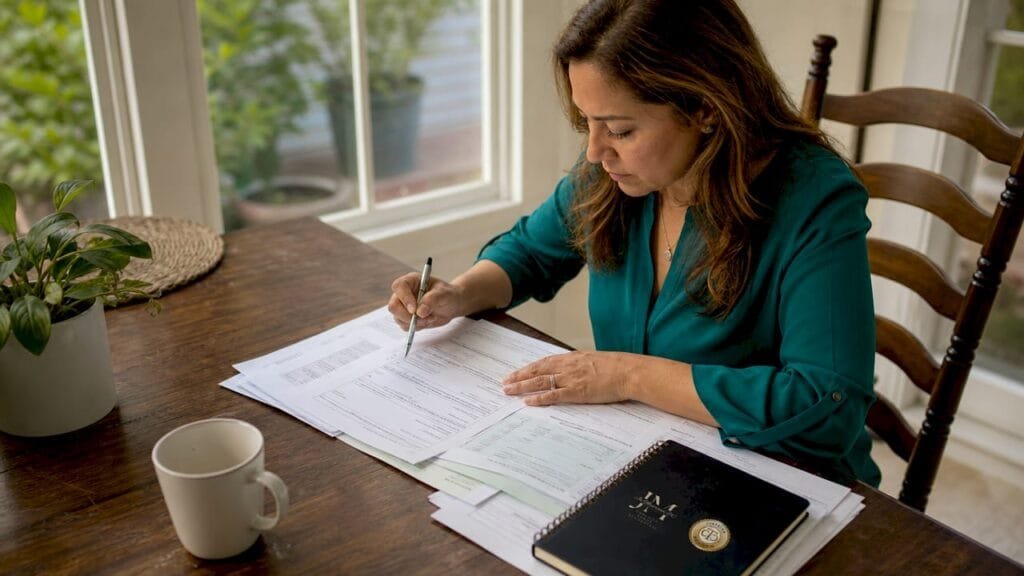 Woman reviewing tax documents in office