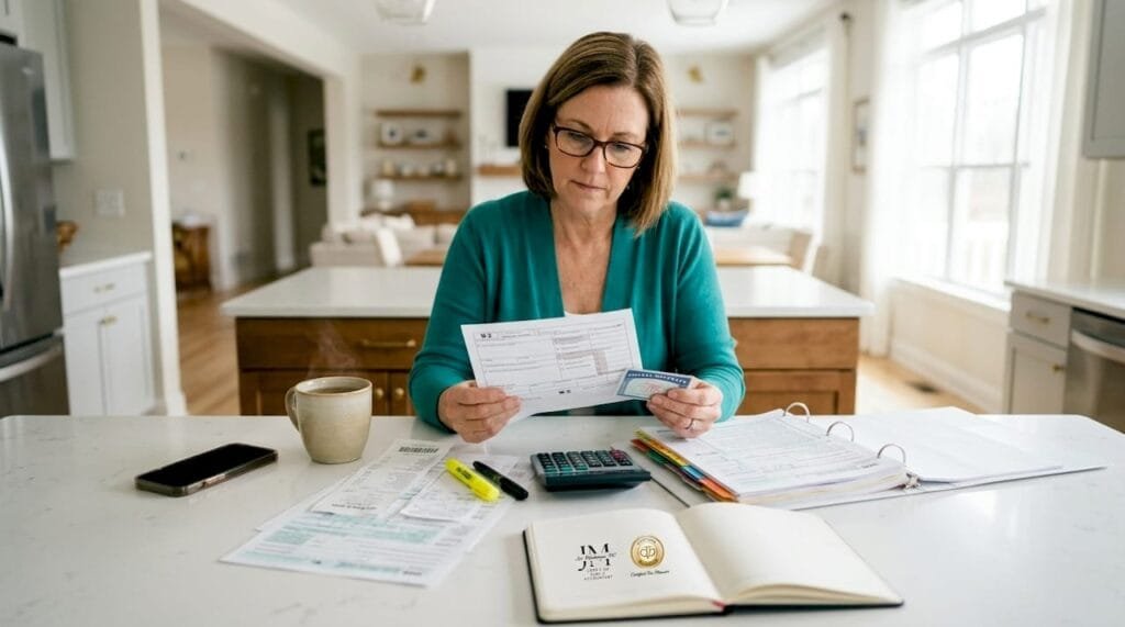 Woman reviewing tax documents at kitchen table