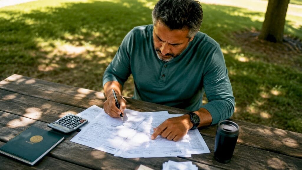 Taxpayer reviewing IRS tax documents at kitchen table