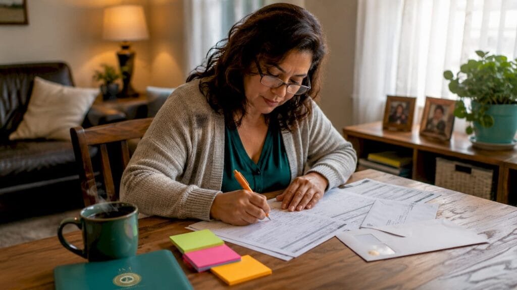 Woman filing overdue tax returns at home