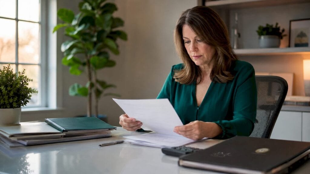 Woman reviewing IRS audit documents at desk
