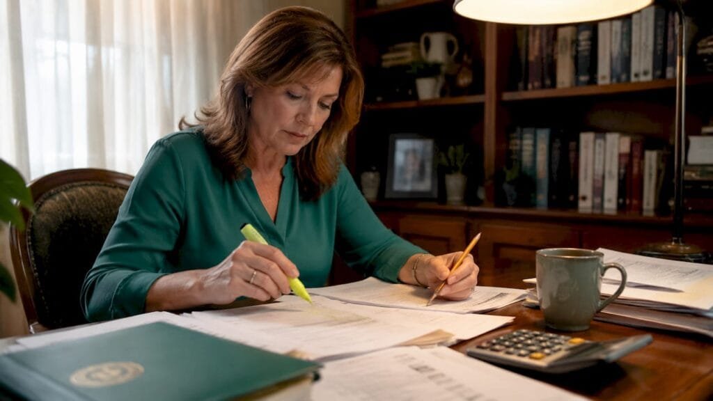Woman reviewing IRS tax relief documents at home desk