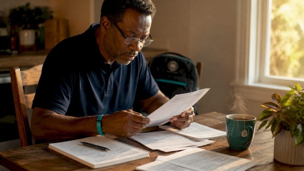 Man reviewing wage garnishment documents at home