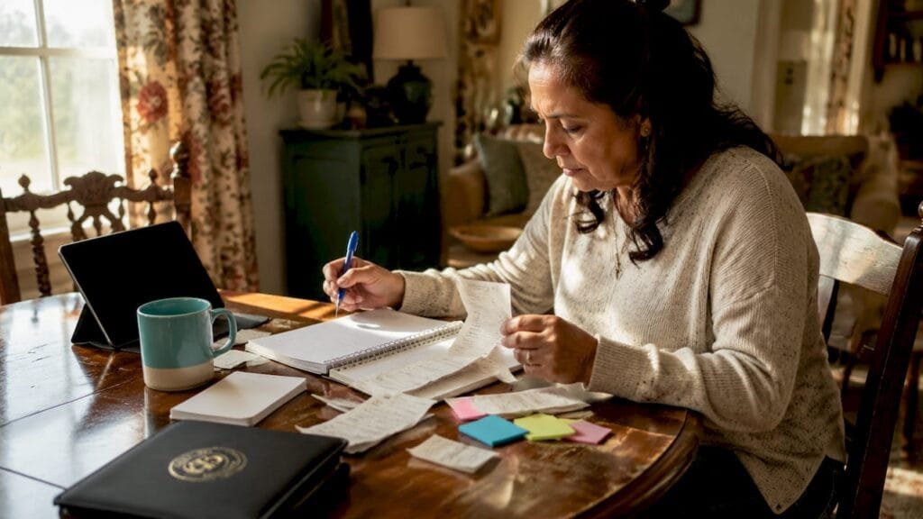 Woman reviewing financial records at home