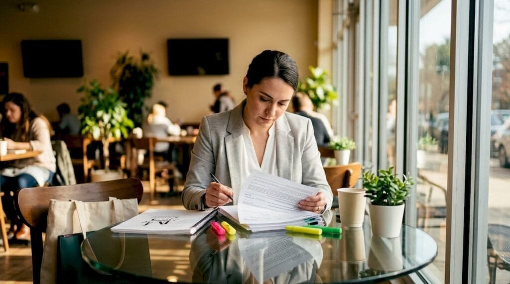 Tax advisor reviewing IRS documents at office table