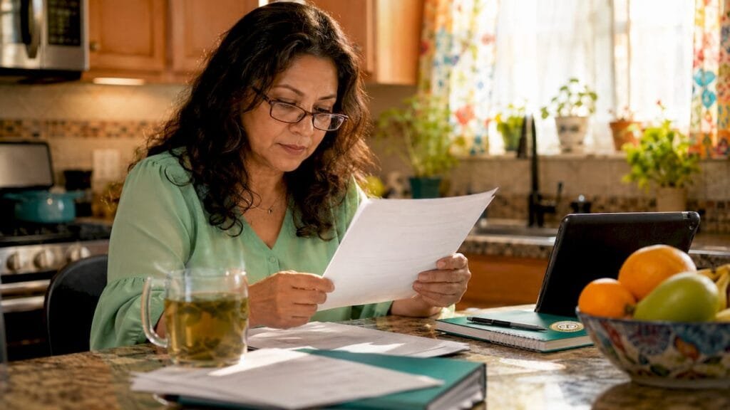 Woman reviewing IRS levy notice at kitchen table